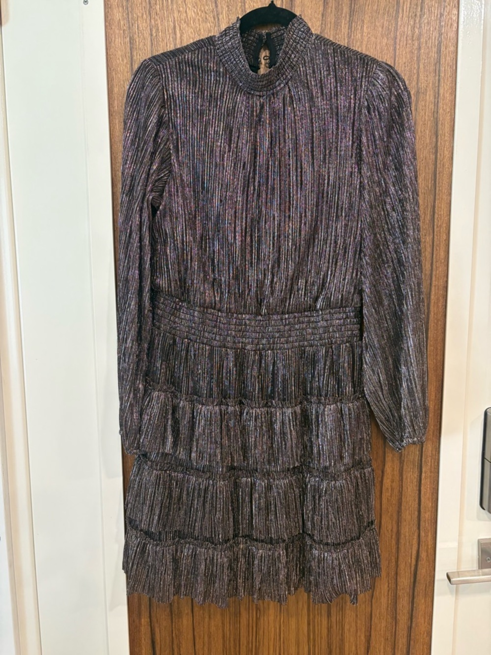 Metallic Purple Long-Sleeve Pleated Tiered Dress